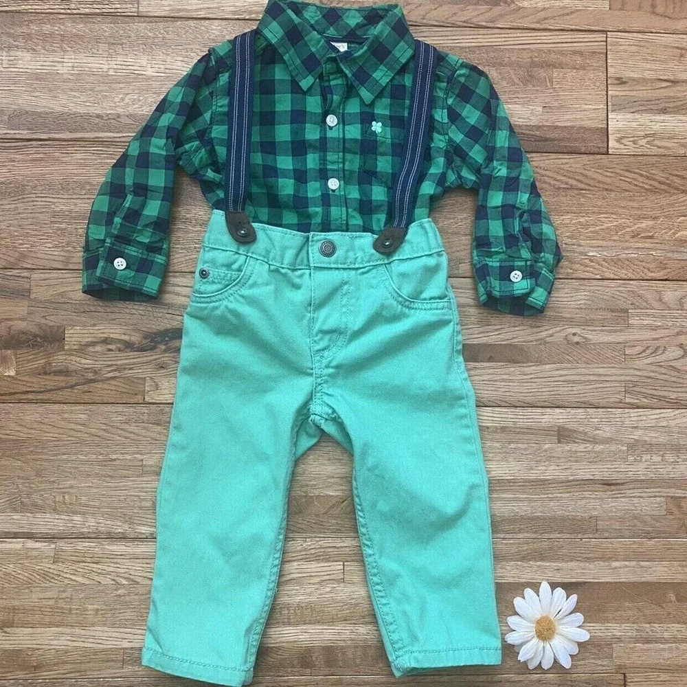 Carter's Plaid St. Patrick's Day Suspenders Outfit Size 12 Mo‎